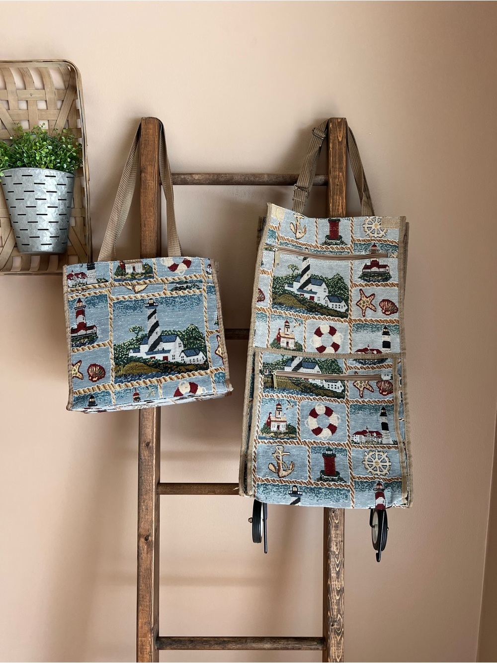 Nautical Patchwork Tote Bag Set with Wheels - Blue, Tan, Red Accents